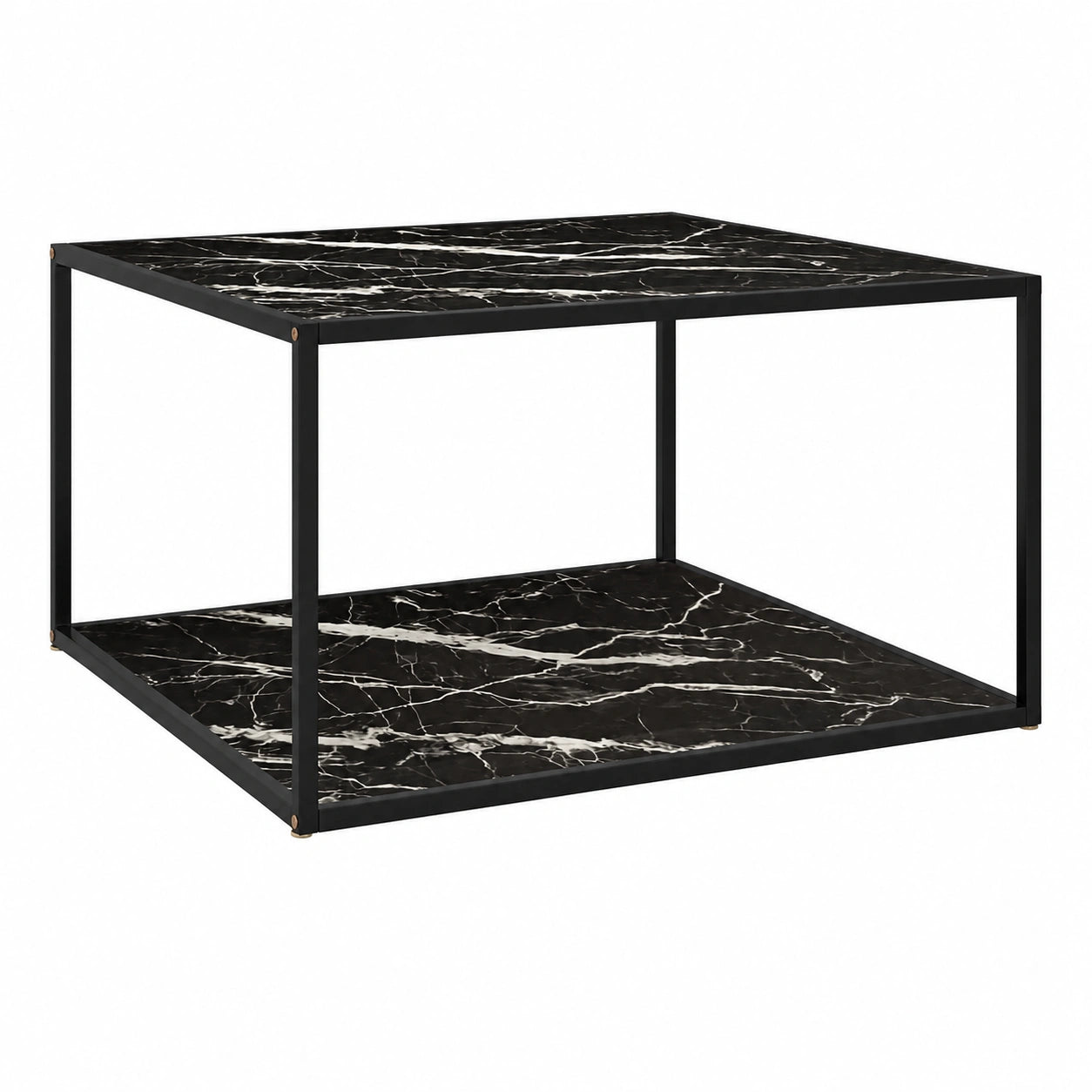 Tavolino moderno nero con effetto marmo e vetro, 90x90x50 cm, ideale per soggiorno e ufficio