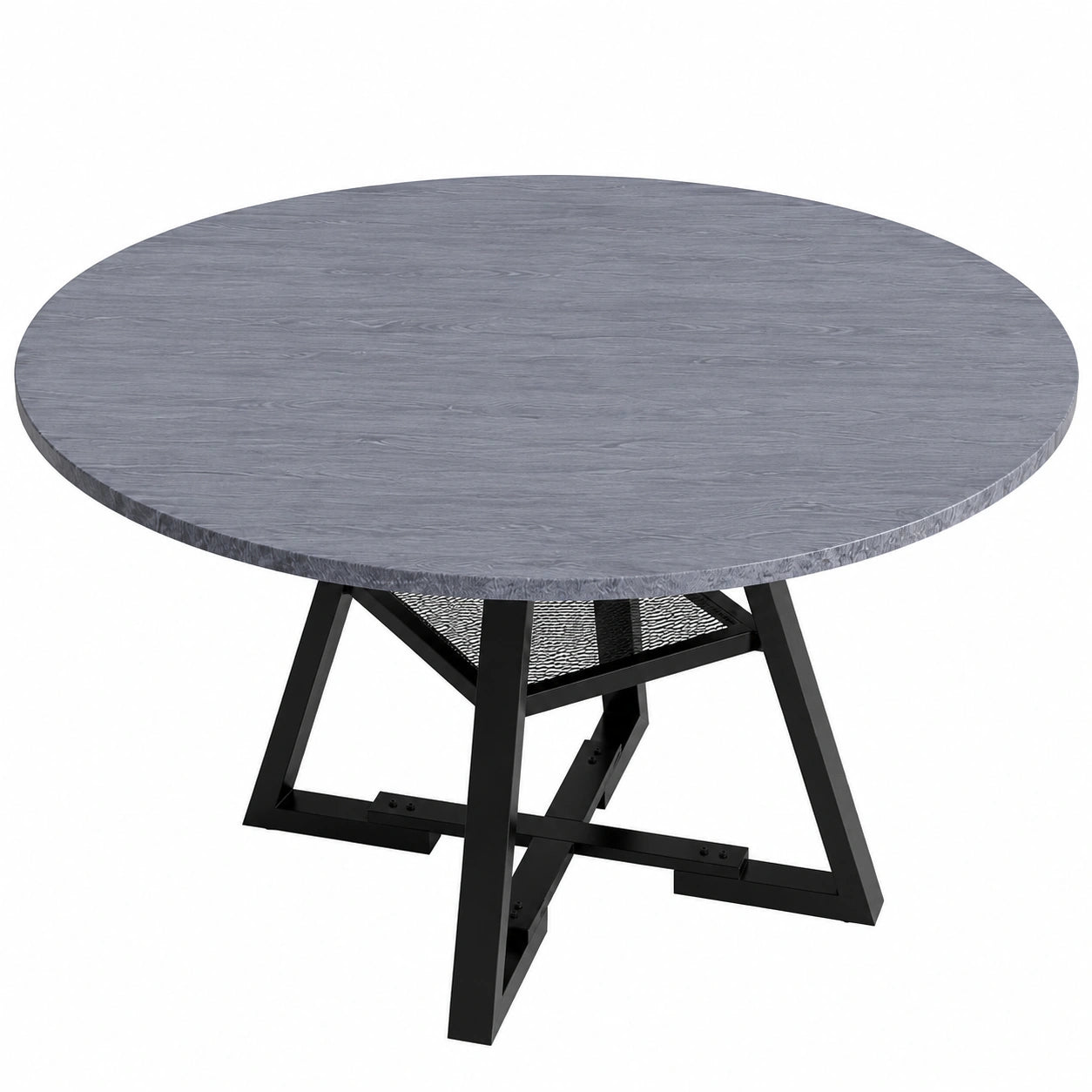 Tavolo Rotondo Diametro 120cm in Legno e Metallo, con Ripiano Portaoggetti, Grigio
