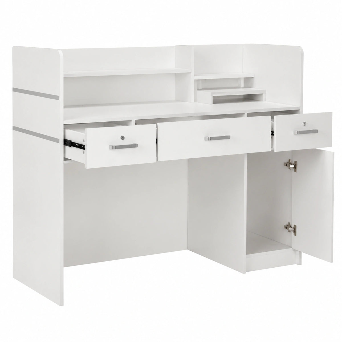 Bancone reception bianco con 3 cassetti e ripiani, 120x48x110 cm per ufficio, hotel e negozi