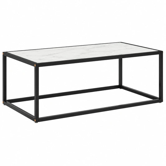 Tavolino moderno nero con piano in vetro effetto marmo bianco, 100 x 50 x 35 cm, ideale per soggiorno, camera da letto o ufficio