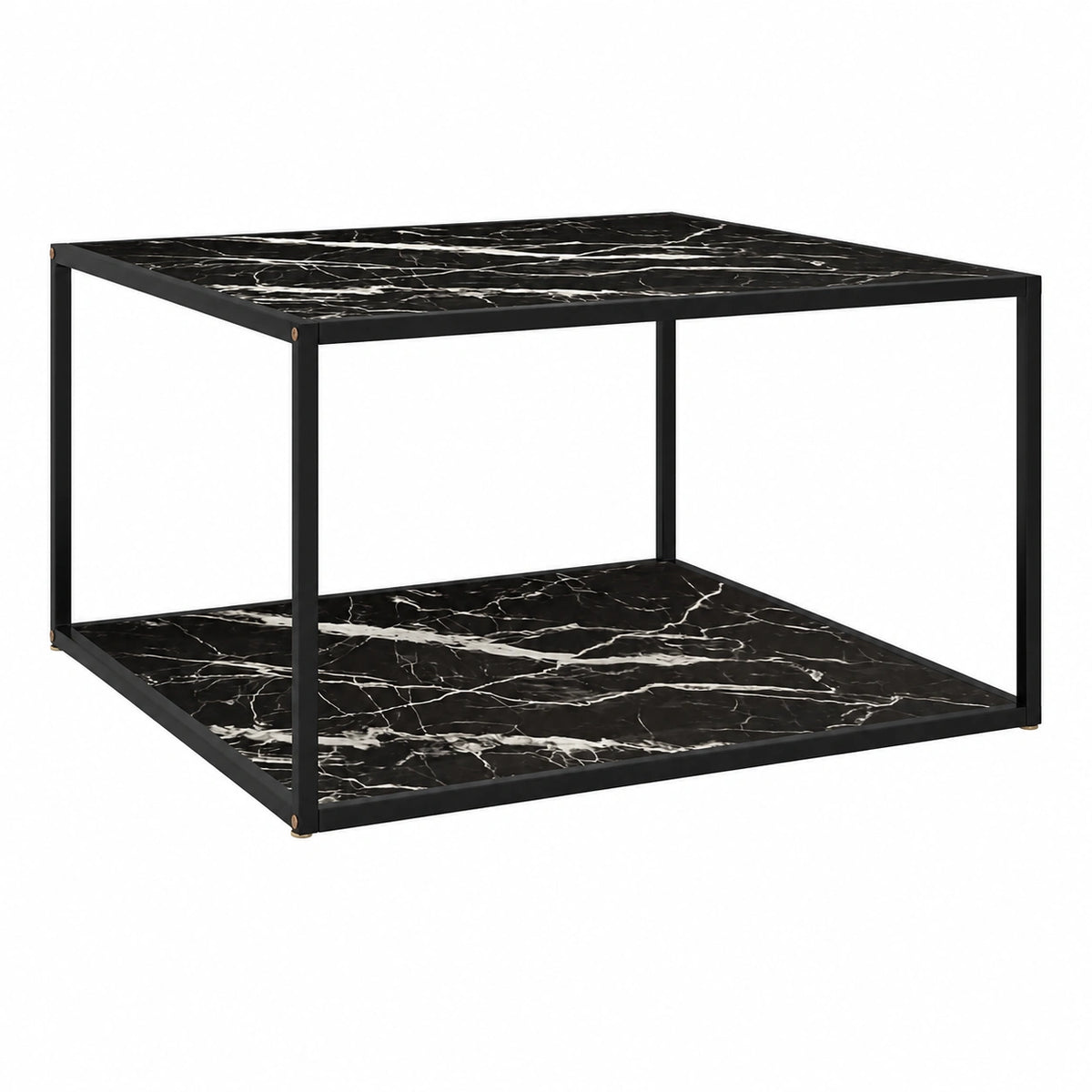 Tavolino moderno nero con effetto marmo e vetro, 90x90x50 cm, ideale per soggiorno e ufficio