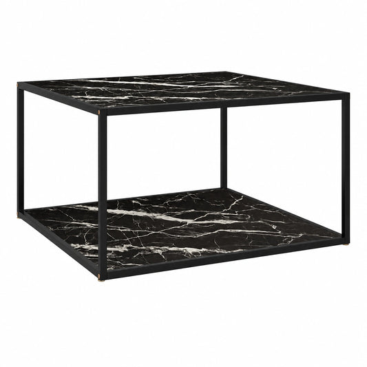 Tavolino moderno nero con effetto marmo e vetro, 90x90x50 cm, ideale per soggiorno e ufficio