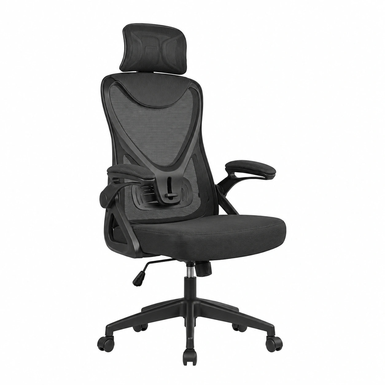 Sedia Ergonomica da Ufficio VOUNOT, Regolabile con Poggiatesta e Supporto Lombare, Braccioli Pieghevoli, Schienale in Rete Girevole, Nero