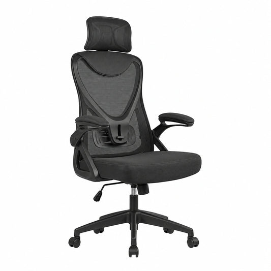Sedia Ergonomica da Ufficio VOUNOT, Regolabile con Poggiatesta e Supporto Lombare, Braccioli Pieghevoli, Schienale in Rete Girevole, Nero
