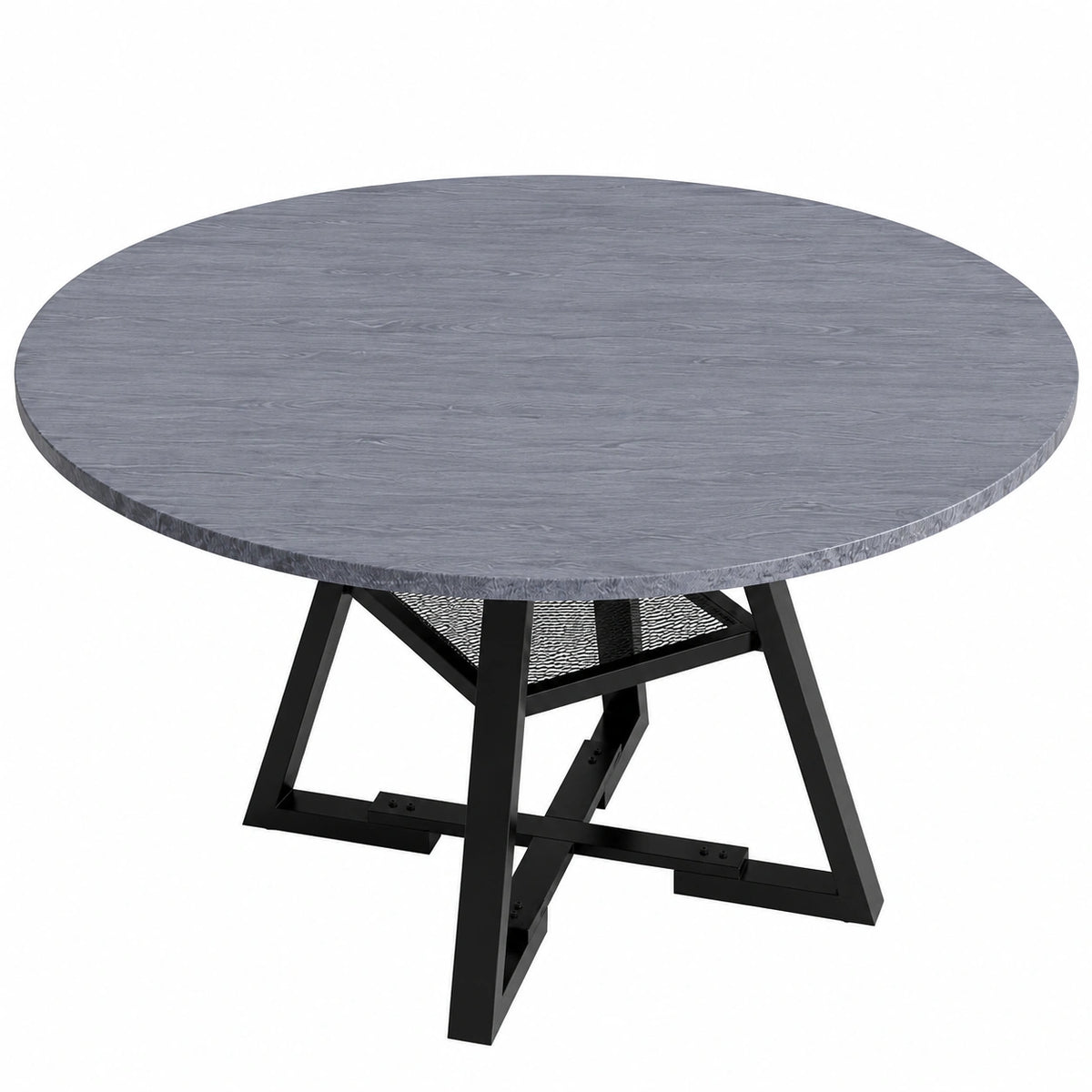 Tavolo Rotondo Diametro 120cm in Legno e Metallo, con Ripiano Portaoggetti, Grigio