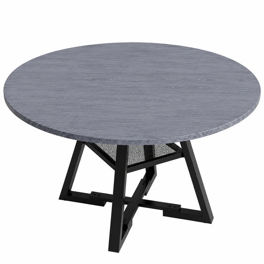 Tavolo Rotondo Diametro 120cm in Legno e Metallo, con Ripiano Portaoggetti, Grigio