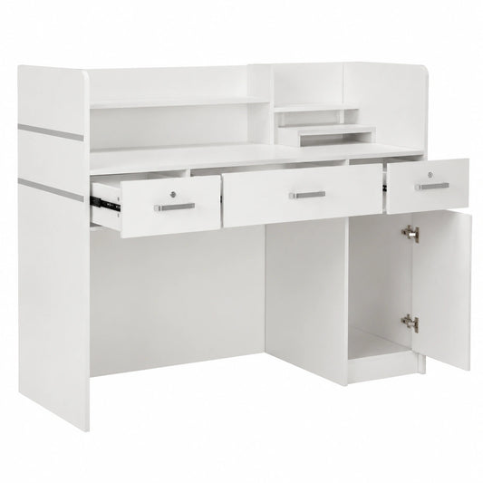 Bancone reception bianco con 3 cassetti e ripiani, 120x48x110 cm per ufficio, hotel e negozi