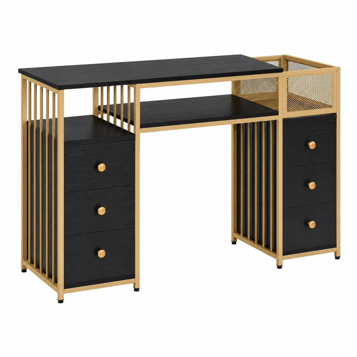 Scrivania Moderna MCombo per Manicure e Toeletta, 6 Cassetti, 46 x 125 x 81 cm, Nero/Oro