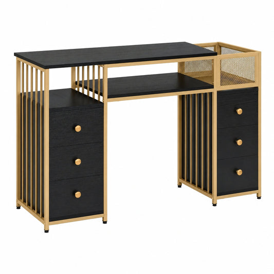 Scrivania Moderna MCombo per Manicure e Toeletta, 6 Cassetti, 46 x 125 x 81 cm, Nero/Oro