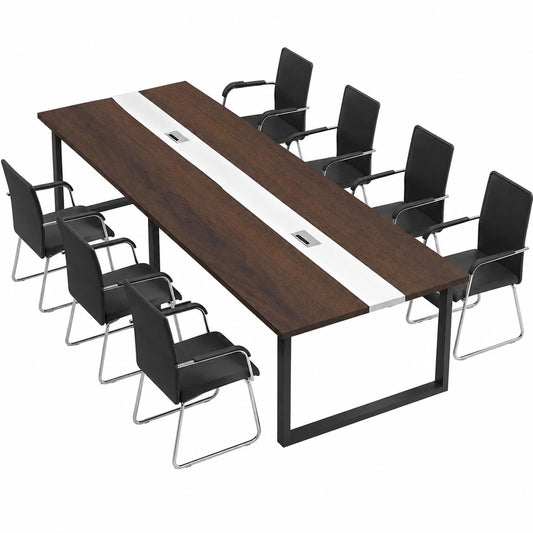 Tavolo Conferenze Ufficio Design Elegante con Canalina per Cavi, Struttura Robusta in Metallo Nero, per 8-12 Persone